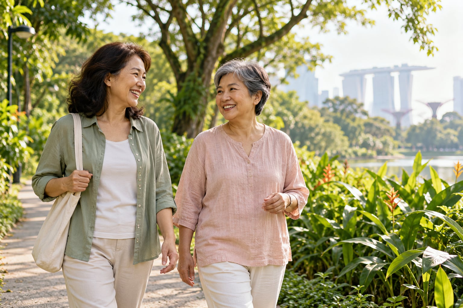 AI illustration of two mature friends taking a gentle walk in a green Singapore park