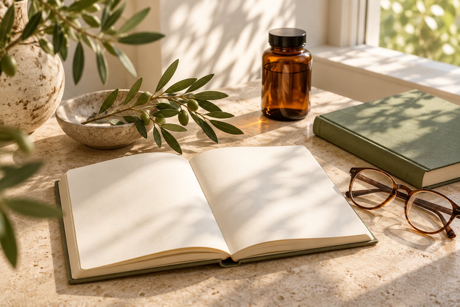 AI illustration of a blank notebook, reading glasses and an unbranded bottle