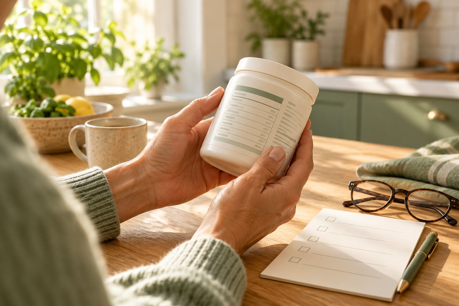 AI illustration of hands examining an unbranded supplement label