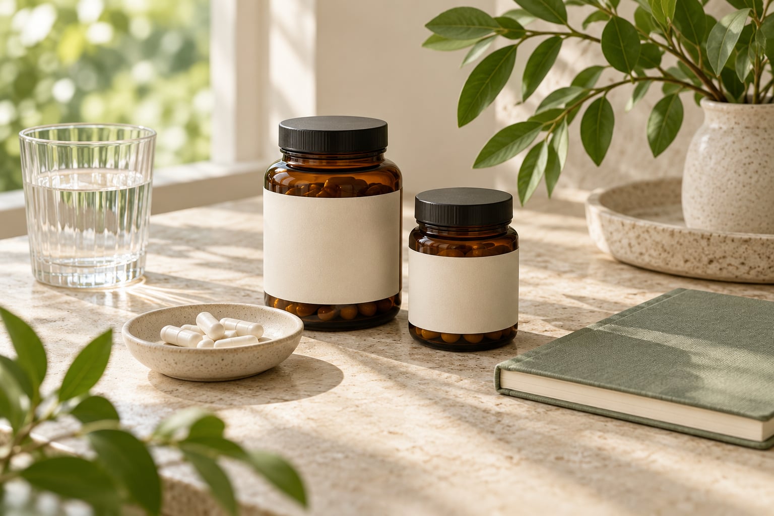 AI illustration of unbranded supplement jars, a notebook and a glass of water